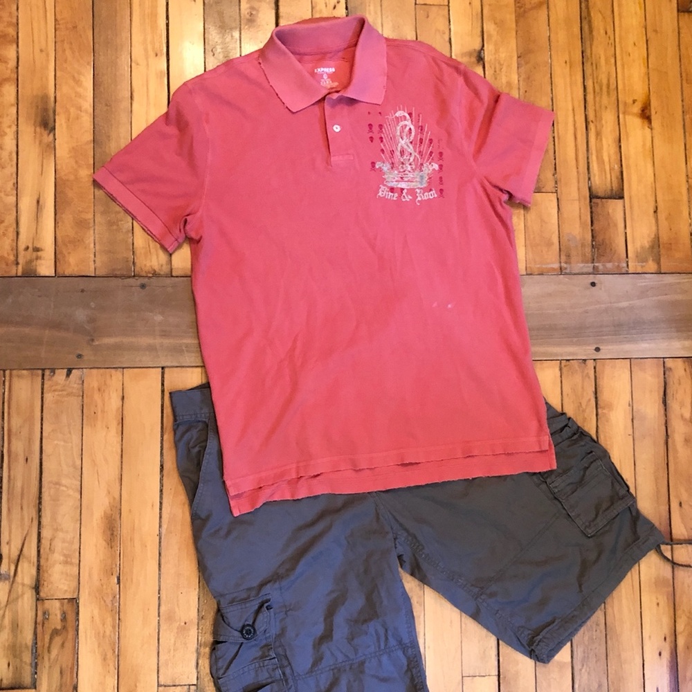 Express Graphic Polo, Salmon, Men's Sz Lg